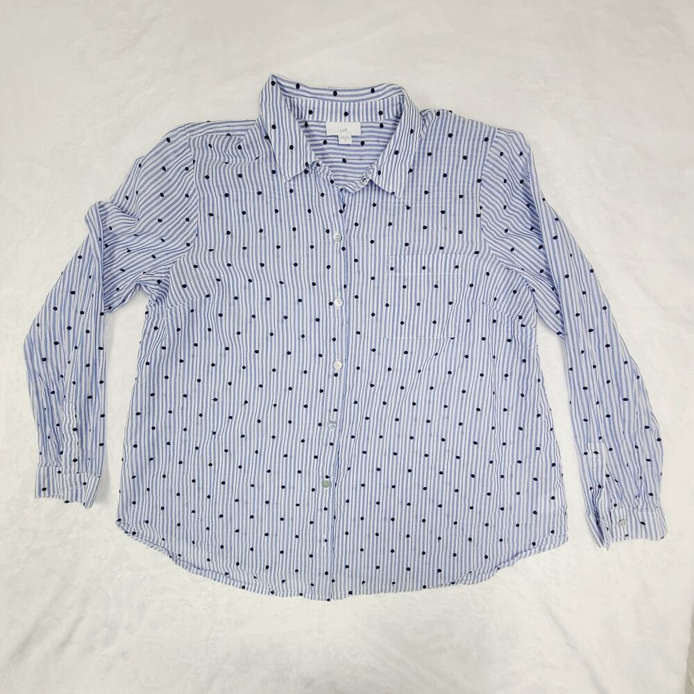 J. Jill Striped Polka Dot Shirt Medium Blue White Button Front Embroidered